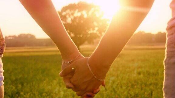 一对夫妇在日落时在草地上牵着手