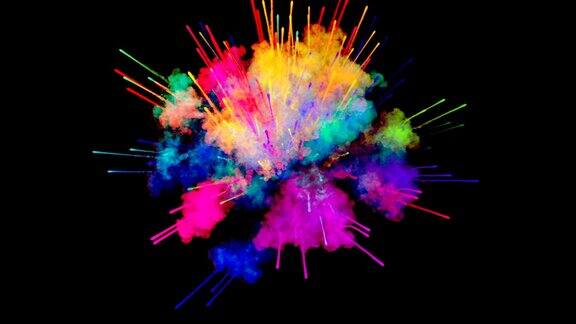 烟花般的油漆爆炸的彩色粉末孤立在黑色背景3d动画作为彩色的抽象背景彩虹色3