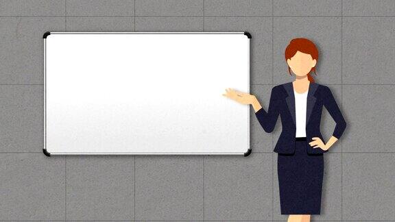 女商人展示展示用手势指点会议室前的白板