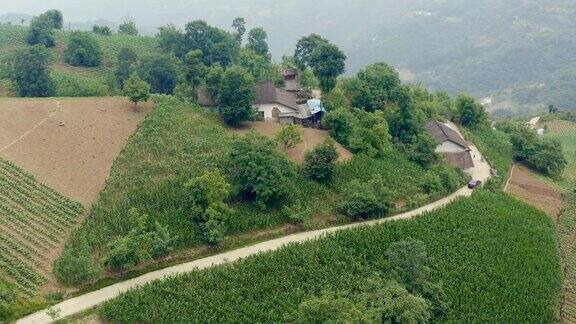 鸟瞰图汽车行驶在山路上