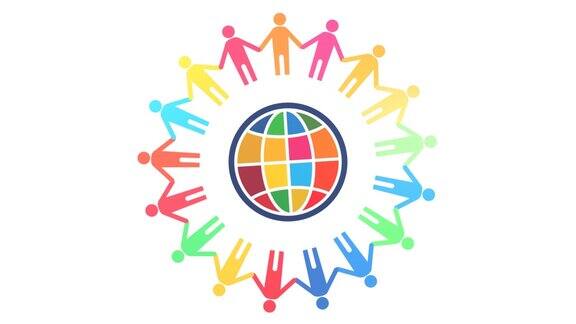 人类与地球标志的循环动画使用可持续发展目标指定的17种颜色(白色背景)
