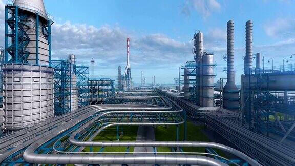 石油和天然气炼制厂工厂工业石油区钢管和储油罐在蓝天抽象镜头平滑移动无人机飞越植物拍摄生成的3d图像