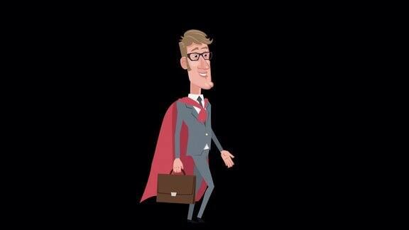 卡通优雅的商人超级英雄人物走在公文包和红色斗篷带alpha通道的动画