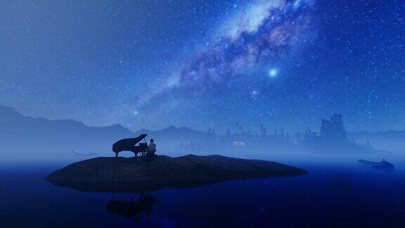 在水山环抱的孤岛上在星空下钢琴演奏4K