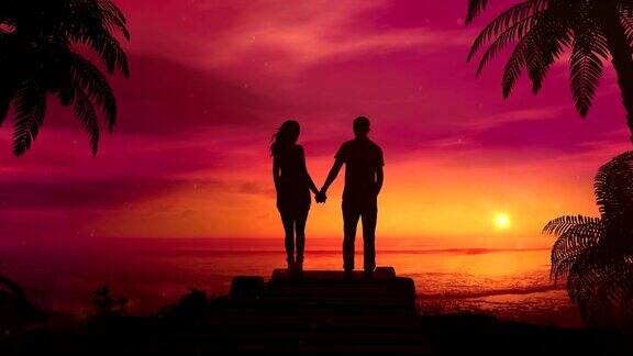 一对浪漫的情侣在看海上的红色日落