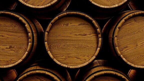葡萄酒或威士忌桶堆放在酿酒厂循环动画