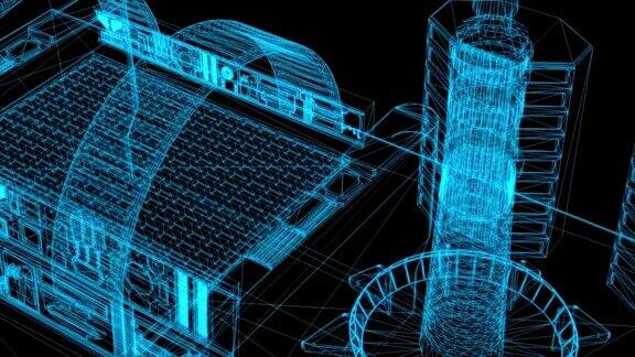 三维渲染-线框架模型的工业建筑