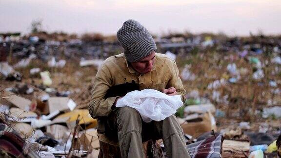 一个肮脏的流浪汉坐在垃圾堆里的树桩上吃着袋子里的食物