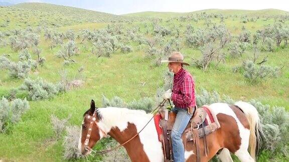 美国高级牛仔在犹他州骑马