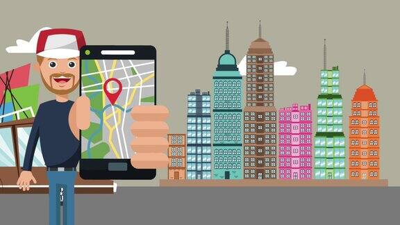 在城市高清动画中使用GPS应用的人
