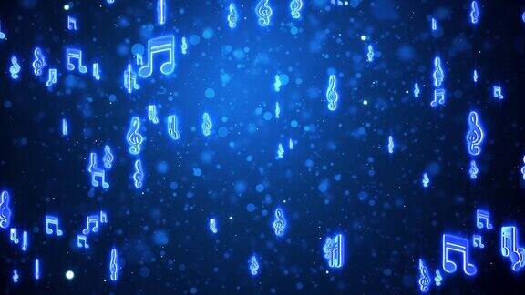 音乐音符符号粒子循环动画音符浮动带有耀斑的抽象背景