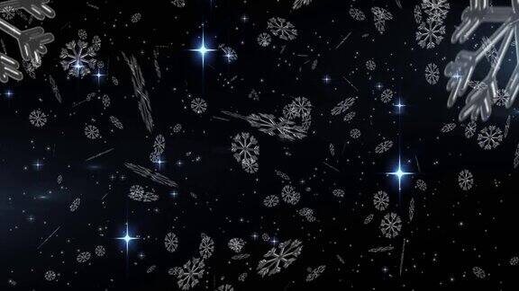数字动画雪花飘落在夜空中闪烁的星星