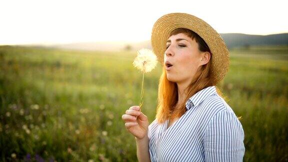 一个女人在日落的田野里吹蒲公英花