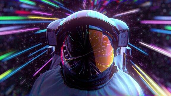 视频游戏屏保与宇航员在头盔对抗霓虹条纹宇航员在黑暗的太空中使用氖激光灯循环的背景动画