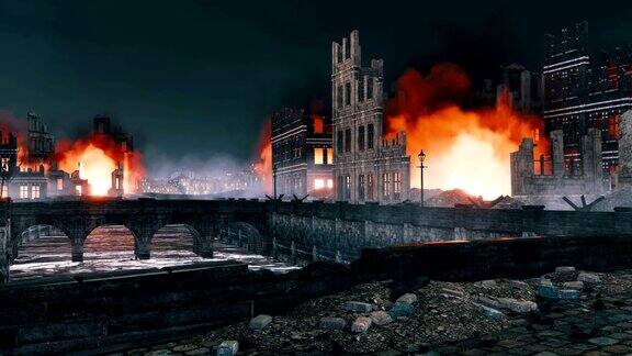 在二战后欧洲城市的夜晚燃烧的建筑废墟被摧毁