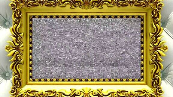 相机放大到豪华的白色内饰背景上的金色相框电视噪音和绿色色度键在屏幕上播放3d动画