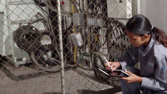 20多岁的亚洲女人穿着灰色制服电气修理员工程师检查检查wifi信号