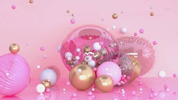 粉色透明气球悬浮抽象球体金色金属闪亮多彩的场景3d渲染运动惊喜装饰概念