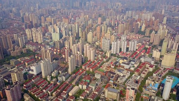 中国阳光日落上海城市景观空中全景4k