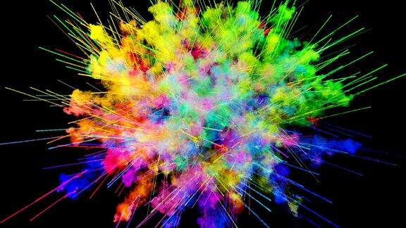 爆炸的火药孤立在黑色背景3d动画的粒子作为彩色的背景或覆盖效果迸发出彩虹般的色彩粉饼呈现出明亮如胡里节51