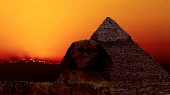 间隔拍摄胡夫和斯芬克斯金字塔上的日出吉萨埃及v.4
