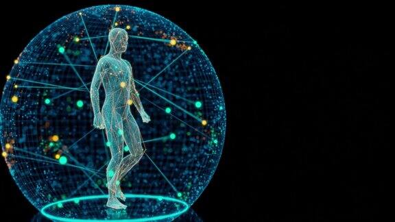 数字生成的人类全息图像在一个分子球行走在一个黑暗的背景