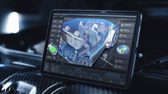 平板电脑屏幕显示汽车诊断软件的三维可视化