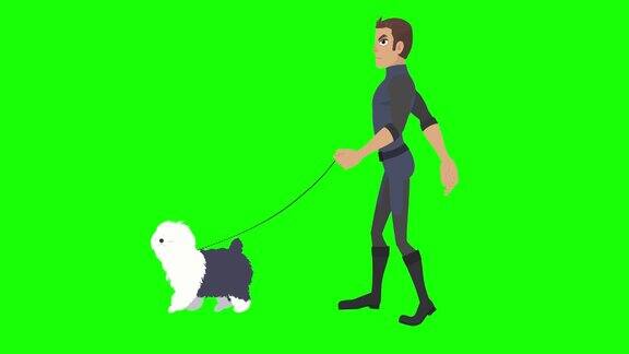 人与狗的卡通动画绿色背景色键