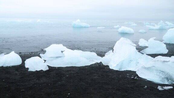 冰岛的钻石海滩黑色火山海滩上的冰山