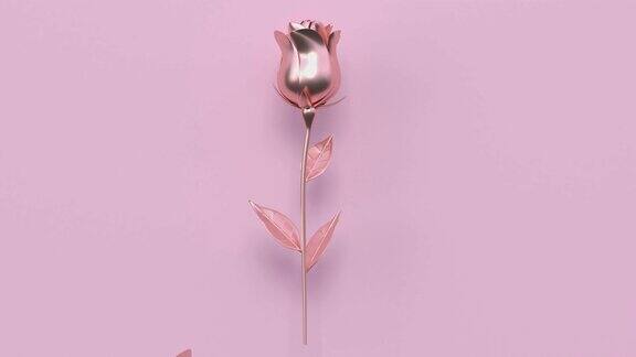 粉色平面lay场景金属黄金形状最小抽象运动3d渲染玫瑰花节日爱情情人节概念