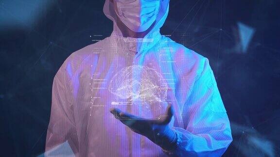 未来医疗保健医学科学技术科学家在实验室未来图形知识创新符号和3D大脑扫描智能技术保健概念