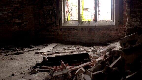 废弃建筑的破窗俯瞰爬满常春藤的墙壁