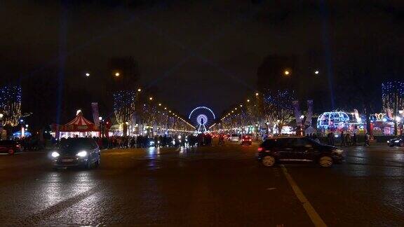 法国夜晚巴黎市内著名的康科德旋转木马交通大道市场全景4k