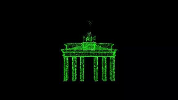 三维柏林勃兰登堡门在黑色背景上旋转由绿色闪烁粒子组成的物体每秒60帧科学摘要bg为标题介绍屏幕保护程序3D动画