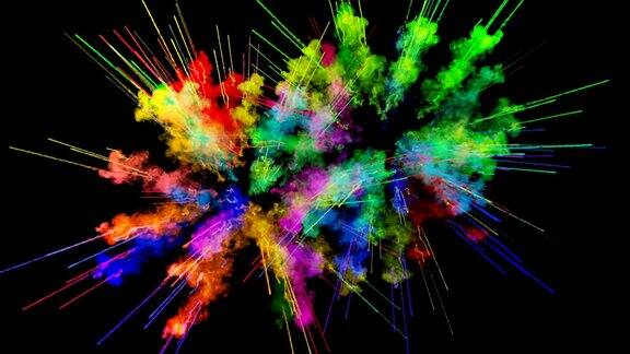 爆炸的火药孤立在黑色背景3d动画的粒子作为彩色的背景或覆盖效果迸发出彩虹般的色彩粉饼呈现出明亮如胡里节48
