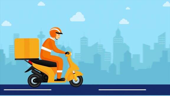 动漫人物骑自行车送货以城市为背景为送货及在线应用服务理念