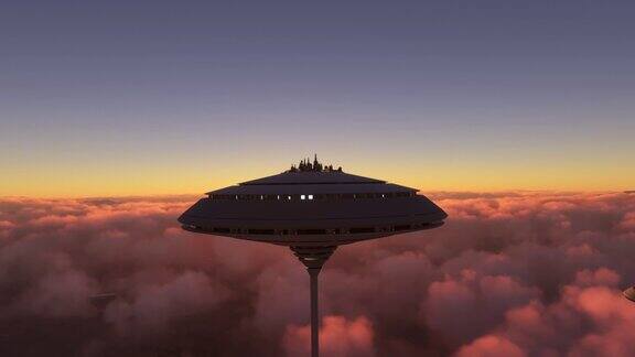 这张照片拍摄于日落时分未来之城在云层之上科幻小镇的特写镜头