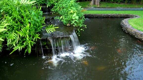 小溪花园瀑布水在池塘与锦鲤和郁郁葱葱的植物户外公园