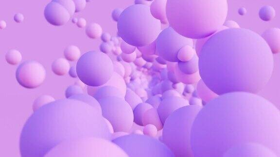 抽象3d背景与浅粉红色的球或球体飞行周围沿着球的隧道运动明亮的当代循环动画