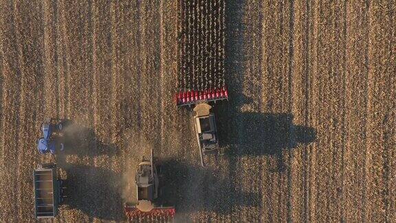 飞越收割机飞过割大麦或玉米杆的田野收玉米或小麦作物的联合收割机俯视图收获过程中的农田航拍照片收获