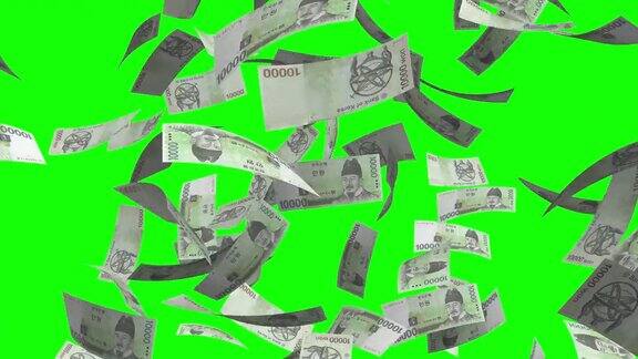 韩国一万韩元钞票钞票雨钱绿屏色度键背景4k股票视频