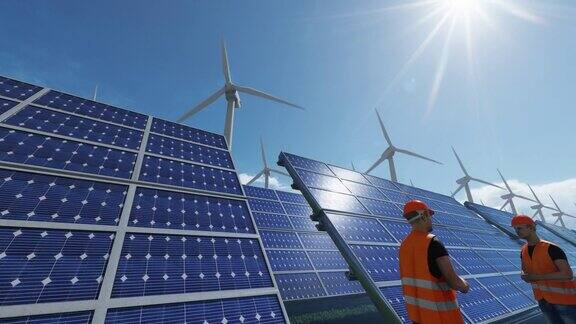 绿色能源太阳能电池板和风力涡轮机维修工人倾斜4K