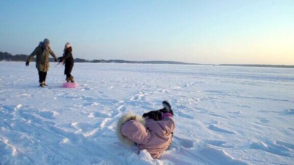 冬天的乐趣雪家庭和狗在冬天的时间拉雪橇