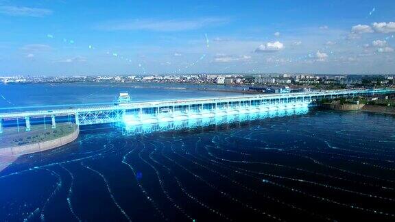 从空中俯瞰水电站车辆在桥上行驶河流在流动3D信息图表元素说明了工作的生成器水电的蓝色概念