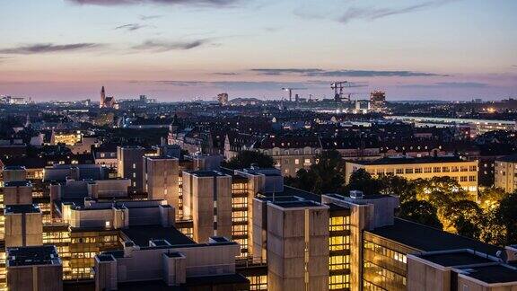 黄昏时分的斯德哥尔摩城市景观4K时间流逝城市和办公楼景观