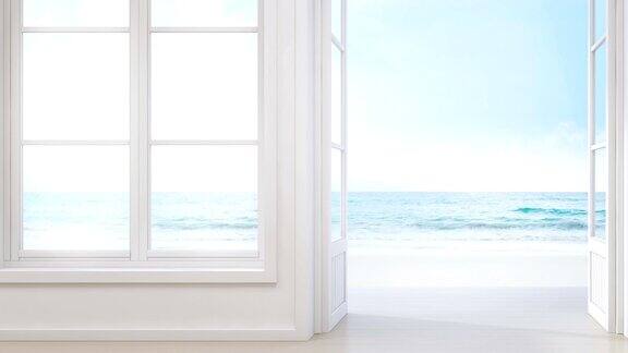 海景房带窗和门的现代海滩别墅豪华的白色室内夏季住宅