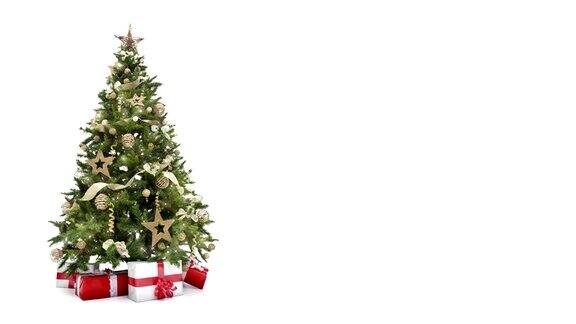 循环灯装饰圣诞树与礼物盒在白色背景与文本空间放置标志或复制动画抽象圣诞礼物问候明信片4k无缝循环视频