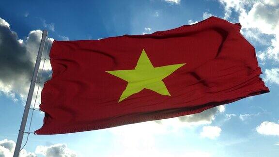 在深蓝色的天空中飘扬的越南国旗4k