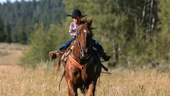 年轻的牛仔骑着马慢动作