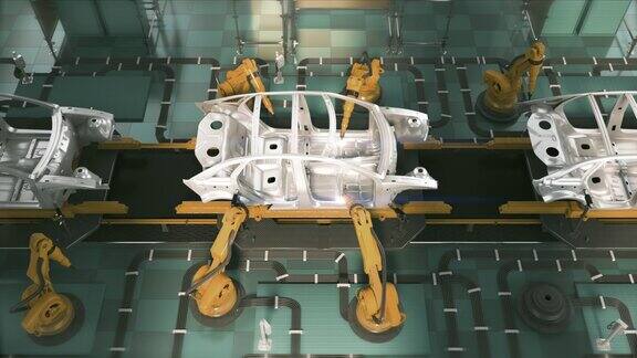 汽车工厂3D概念:自动化机械臂装配线制造高科技绿色能源电动汽车自动施工焊接工业生产输送机前视图